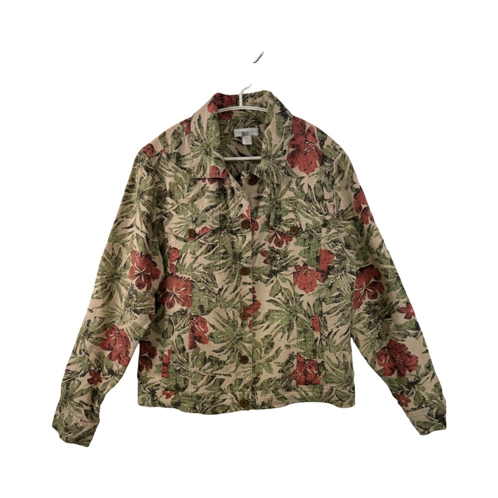 Womens Charter Club 100% Linen Hawaiian Print Jacket Size M Wooden Buttons